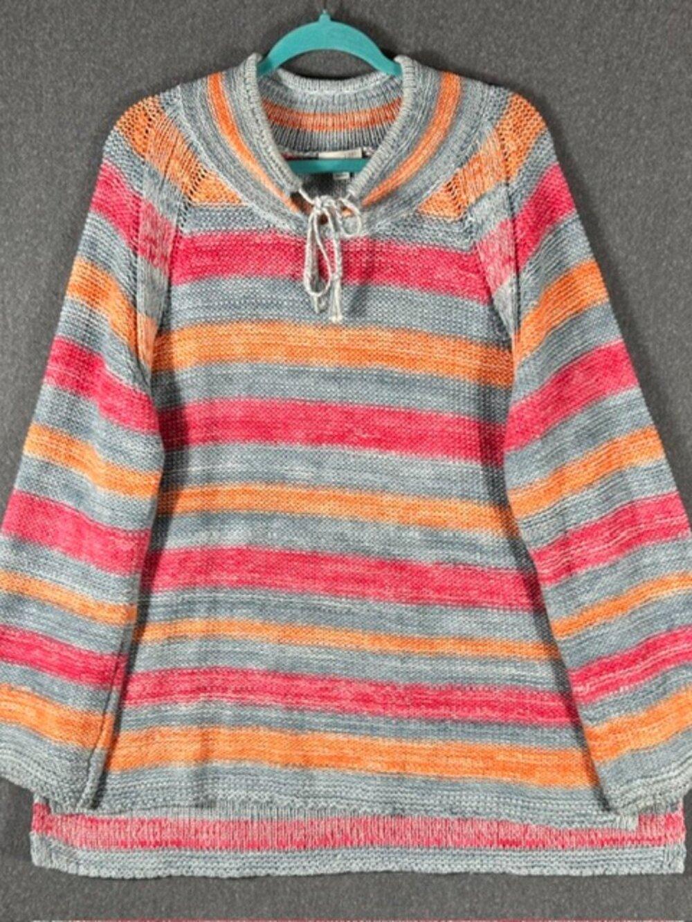 J. Jill Knit Beach Sweater Womens Sz 1X Multicolor Stripe Plus Sz Tie Neck